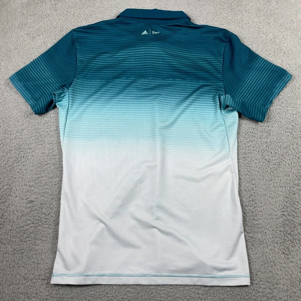 Adidas Parley Golf Polo Mens Medium Blue White Ombre Striped Short Sleeve Shirt